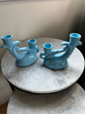 Camark U.S.A. Pottery Vintage H 269 Double Candlestick Holders in Aqua Blue